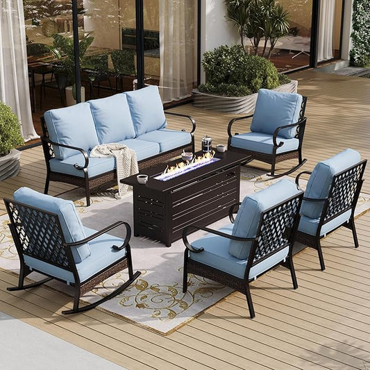 6 Piece Black Metal Outdoor Patio Furniture Sets with Firepit Table, Patio Conversation Sets 1 3-Seater Sofa, 2 Leg Chair and 2 Rocking Chair with 5.75" Cushion for Backyard Deck, Blue