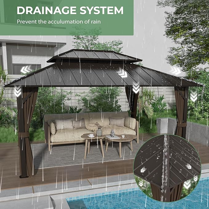 12' x 16' Hardtop Gazebo, Aluminum Frame with Double Galvanized Steel Roof, Outdoor Metal Gazebo with Netting & Curtains for Backyard, Garden, or Deck, Brown