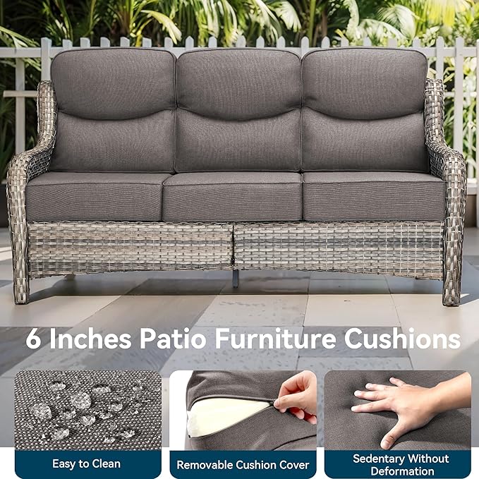 Luxury High Back Outdoor Furniture 6-Inch Thick Cushions with 50,000 BTU Gas Propane Fire Pit Tablet, Patio Furniture Set with Swivel Chairs, 8 PCS for Porch, Balcony, Deck and Yard
