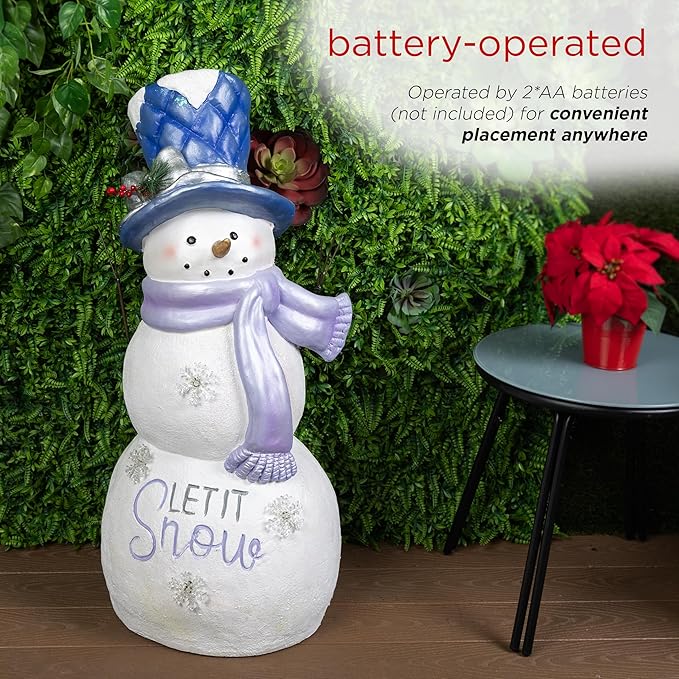 Alpine Corporation SKY558L, Lavender White Let It Snow Snowman Statue with Fading LED Lights, Large Over 3 Feet Tall - Indoor/Outdoor Winter Décor, Christmas Decoration