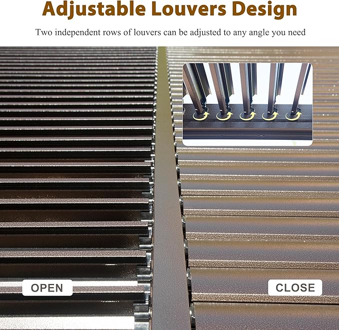 Domi 12x20FT Louvered Pergola, Full Aluminum Pergola with Adjustable Louvered Roof, Outdoor Pergola with Waterproof Curtains and Netting, Dark Brown