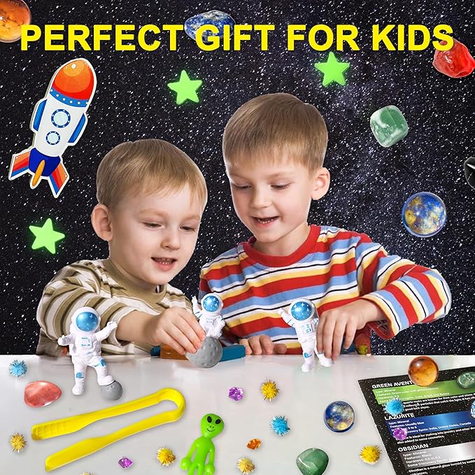 Galaxy Sensory bin, Gemstone Dig Kit,Galaxy Excavation Gem Kit with 5 Real Gemstones for Kids,Space Planet Toys STEM Science Kits,Alien Sandbox Play Set for Girls Boys 3 4 5 6 Years Old