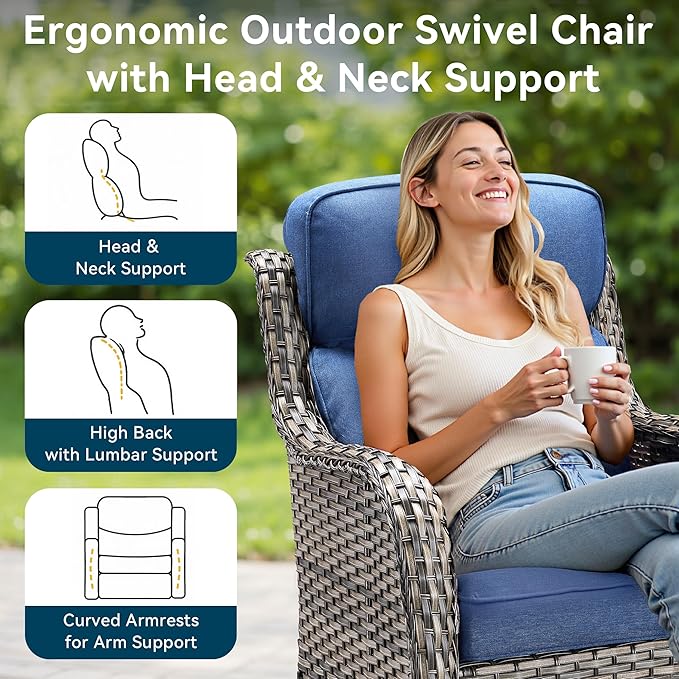 Luxury High Back Outdoor Swivel Rocker Patio Chairs with Side Table & 6-Inch Thick Cushions, 3 Pieces Patio Furniture Set for Porch, Balcony, Deck and Yard