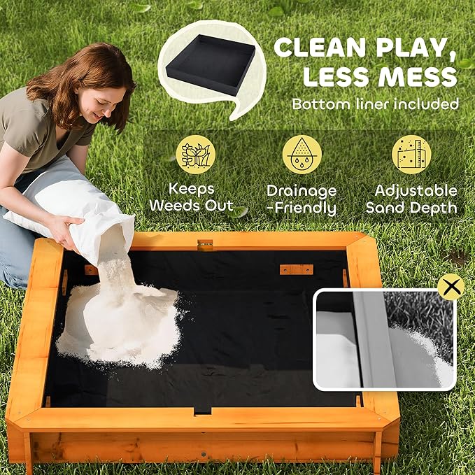 Outsunny Wooden Sandbox with Lid, Kids Sandbox with Canopy Outdoor, Sand Box with Foldable Bench Seats and Sand Protection, Bottom Liner Included, Kids Gift for Aged 3-7, 47X47 in, Red
