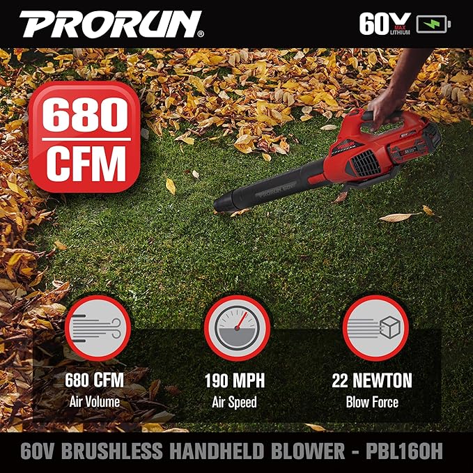 PRORUN 60V 680 CFM 190 MPH Brushless Cordless Handheld Leaf Blower with 2.5 Ah Battery and Charger PBL160H