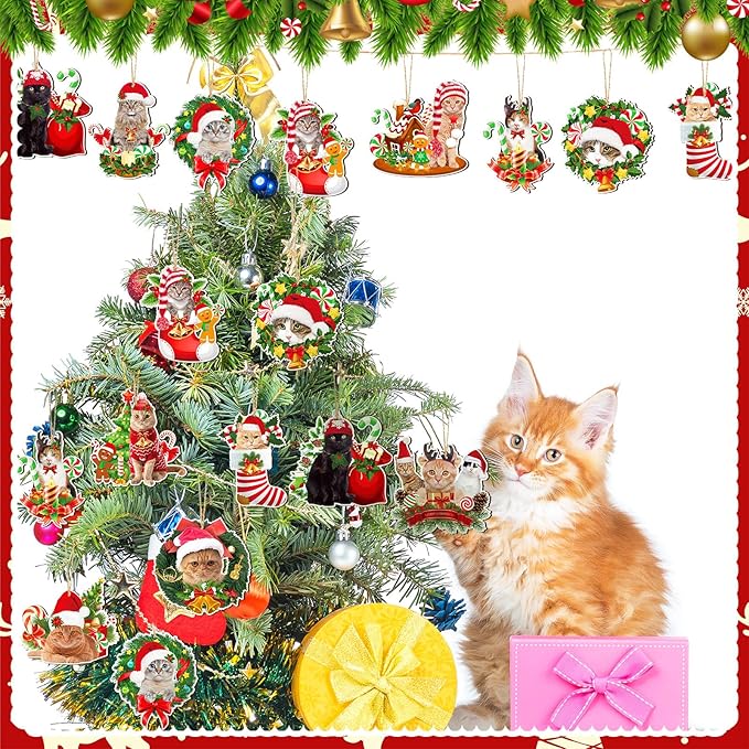 Qunclay 36 Pcs Cat Christmas Tree Ornaments Wooden Cat Christmas Tree Decorations Rustic Xmas Kitty Hanging Ornament Decorative Kitty Wood Pendants for Home Fireplace Holiday Xmas Party Decor