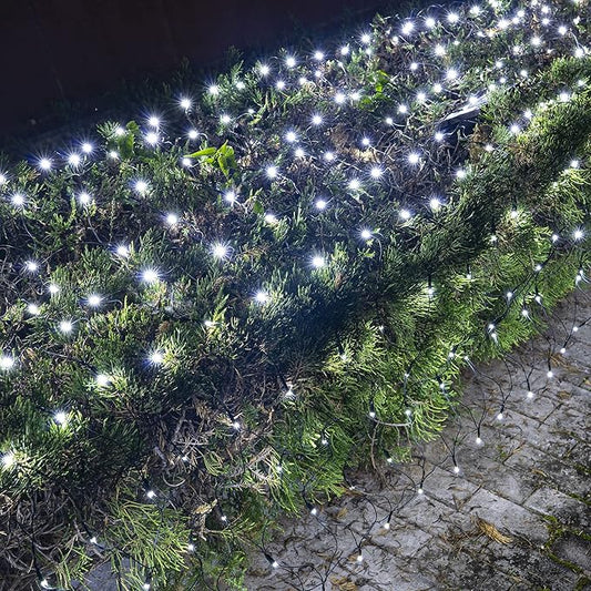 Dazzle Bright Christmas Net Lights, 360 LED 12FT x 5 FT Green Wire Waterproof Connectable String Lights with 8 Modes, Christmas Outdoor Light for Bush Garden Party Wedding Holiday Decoration (White)
