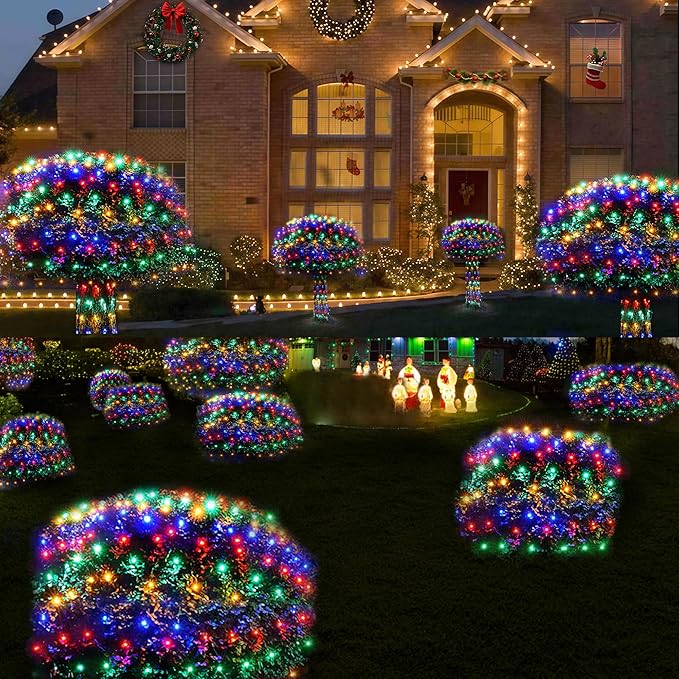 WBao Solar Christmas Lights Outdoor 360LED 11.5ft x 6.9ft Christmas Net Lights with Remote, 8 Lighting Modes, Timer, Waterproof for Lawn, Bushes, Shrubs, Trees Outdoor Xmas Decorations, Multicolor