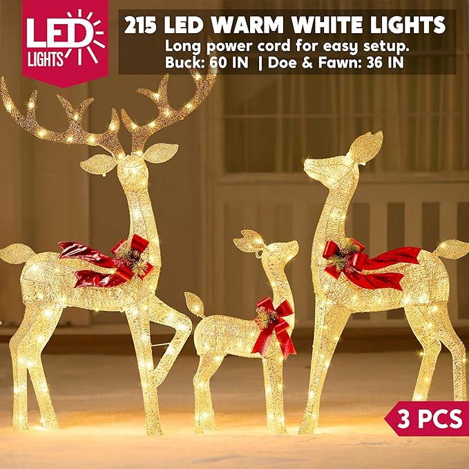 JOYIN Outdoor Christmas Decorations for Yard, 3 Pcs Lighted Christmas Deer Family Set, 3 4 5FT Warm White LED Lights Christmas Yard Decor, 3D Reindeer with Ground Stakes for Lawn Garden Porch Holiday