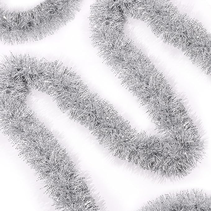50FT Silver Christmas Tinsel Garland Metallic Twist Shiny Christmas Tree Decorations, Xmas Holiday Hanging Garland for Home Mantle Stair Indoor Outdoor Hodiday Decor Party Supplies - Silver White