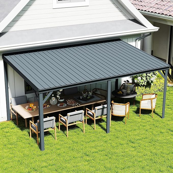 Domi 12' x 16' Lean to Gazebo, Wall Mounted Gazebos Pergola with Built in Drainage System, Galvanized Steel Roof, Hardtop Patio Shelter for Deck, Porch, Backyard and More,Gray