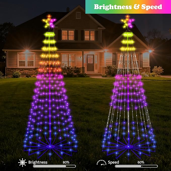 6FT Lighted Outdoor Christmas Tree, 265 LED Smart Cone Tree, Music Sync RGB Fairy Lights, LED Light Show, APP and Remote Control, Timer Function, Perfect for Outdoor Christmas Decorations
