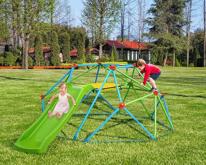 Zupapa Climbing Dome with Slide Max Load 440Lbs, 8FT Jungle Gym Monkey Bar for Backyard, 2 in 1 Outdoor Climbing Frame Toys for Toddlers Playground Set, Geometric Dome Climber for Kids Age 3-8