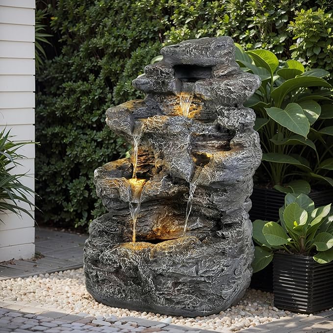 Merax 5-Tiered Concrete Tall Slim Fountain – 23.85" H LED Lit Outdoor Water Feature, Space-Saving Modern Design for Patio, Garden, Balcony, All-Weather Resistant