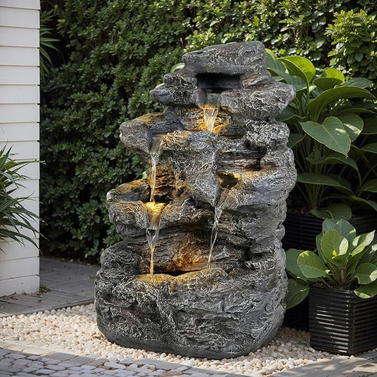 Merax 5-Tiered Concrete Tall Slim Fountain – 23.85" H LED Lit Outdoor Water Feature, Space-Saving Modern Design for Patio, Garden, Balcony, All-Weather Resistant