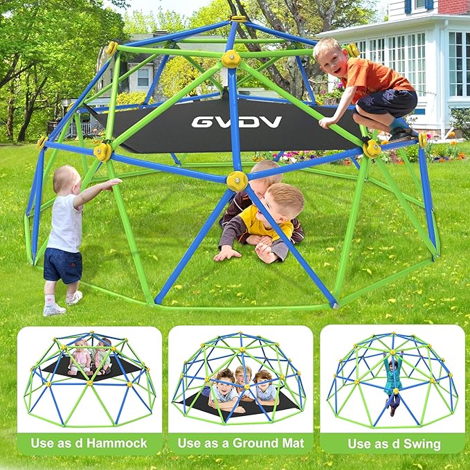 GVDV 10FT Climbing Dome with Hammock, Outdoor Jungle Gym for Kids, Geometric Dome Climber Supporting 880 Lbs Anti-Rust Metal Outdoor Play Structure ASTM Approved Blue & Green