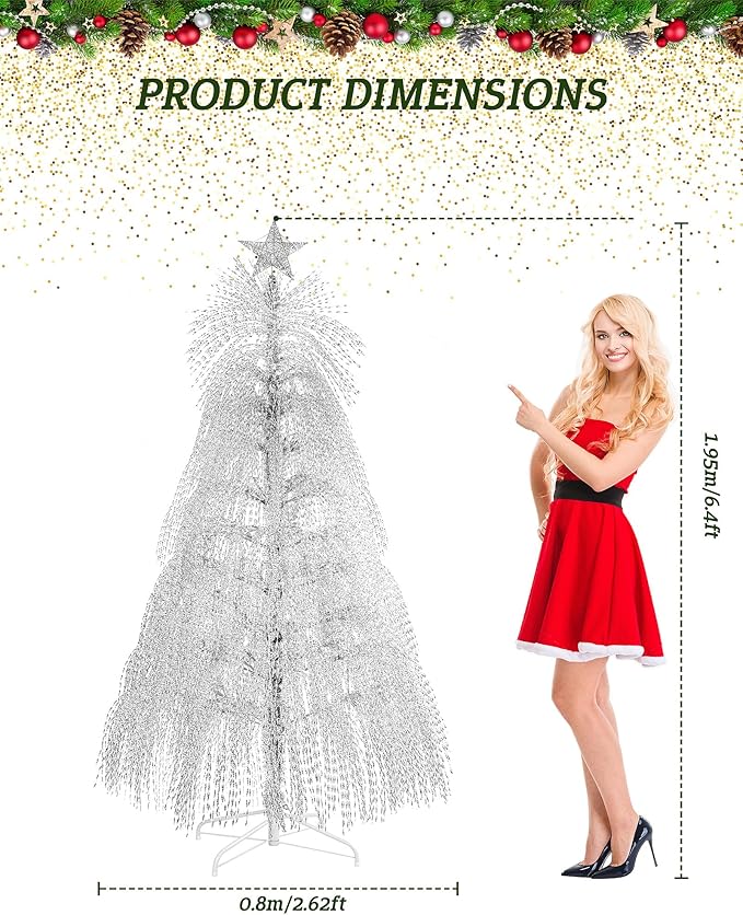 6.5ft Pre-Lit Artificial Christmas Tree, Christmas Tree with 180 LED Lights, 8 Lighting Modes, 2800 Tinsel Branches, Perfect for Indoor, Home, Party, Office, Apartment Decoration (Silver)
