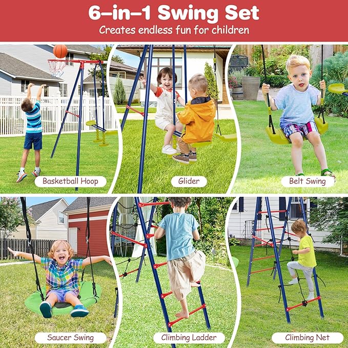Costzon Swing Sets for Backyard, 6 in 1 Heavy-Duty Metal Swing Set with 2 Swings, Glider, Basketball Hoop, Climbing Ladder and Net, Playground Sets for Backyards, Outdoor Playset for Kids 3+ (Red)