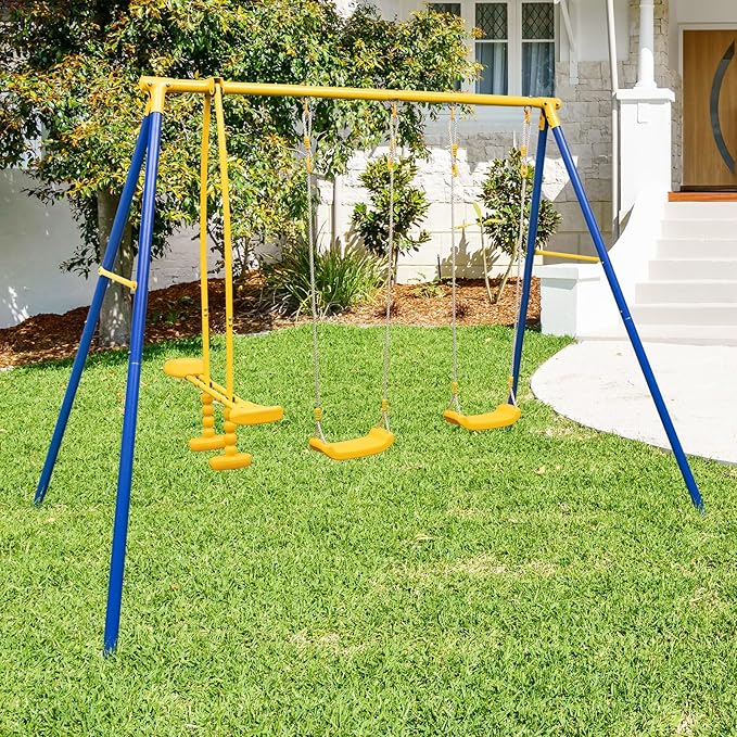 Costzon 440 lbs Swing Set for Backyard, 2-in-1 Heavy Duty Extra Large Metal Swing Frame w/2 Swings, Glider, Adjustable Hanging Ropes, Outdoor Playset Great Gift for Kids