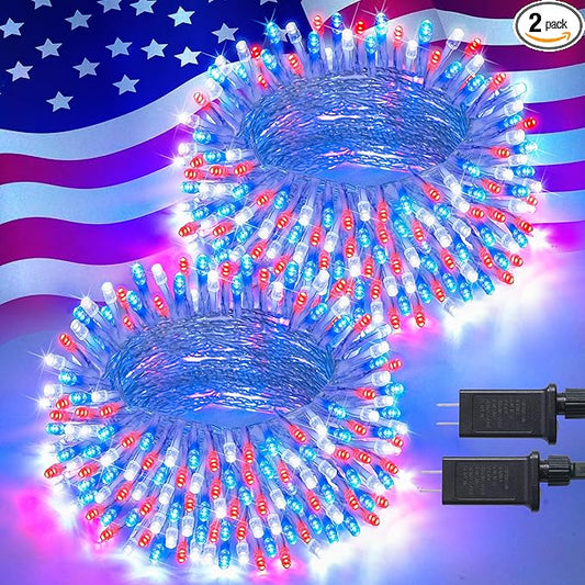 JMEXSUSS 2 Pack 100 LED Red White and Blue Lights, 33ft Connectable 4th of July Lights Outdoor, 8 Modes Patriotic String Lights Indoor for Independence Day 4th of July Memorial Day Holiday Decor