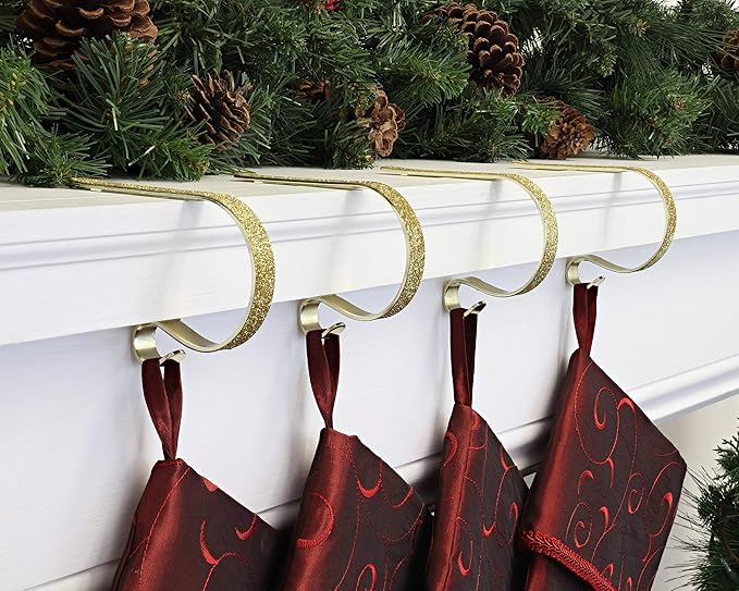 Haute Decor The Original MantleClip Stocking Holder - 4 Pack (Glitter Gold) - Hang Christmas Stockings Safely and Securely from Mantels Up to 3 Inches Thick