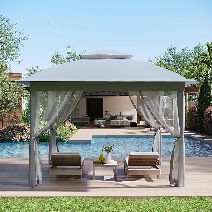 11x11 Pop Up Instant Gazebo Tent for Backyard, With Portable Carrying Bag, Outdoor Canopy Gazebos Waterproof With Mosquito Netting