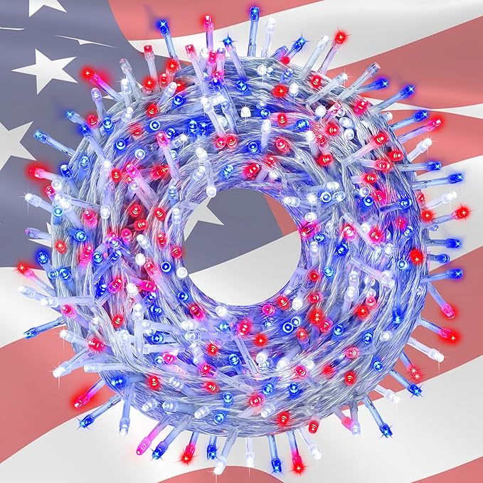 kemooie 4th of July Decorations Lights, 500 LED Red White and Blue Lights, 164FT 8 Twinkle Modes Plug in Waterproof for Outdoor Patio Balcony Garden Christmas 4th of July Decorations