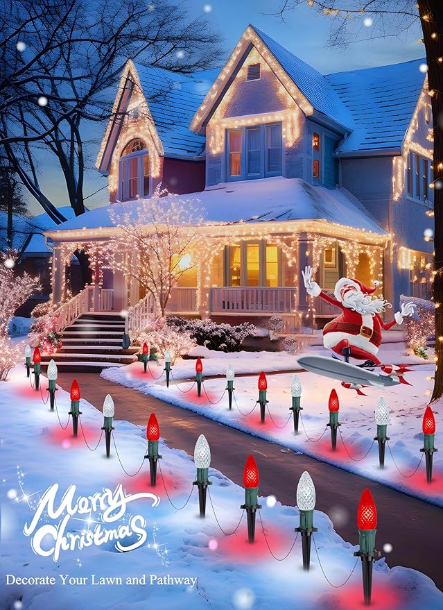 Christmas Pathway Lights Outdoor, 2 Pack 26 Ft 20 LED C9 Strawberry String Lights with Stakes, Connectable Waterproof Outside Christmas Lights Marker for Path, Lane, Patio Decor, Red & Pure White