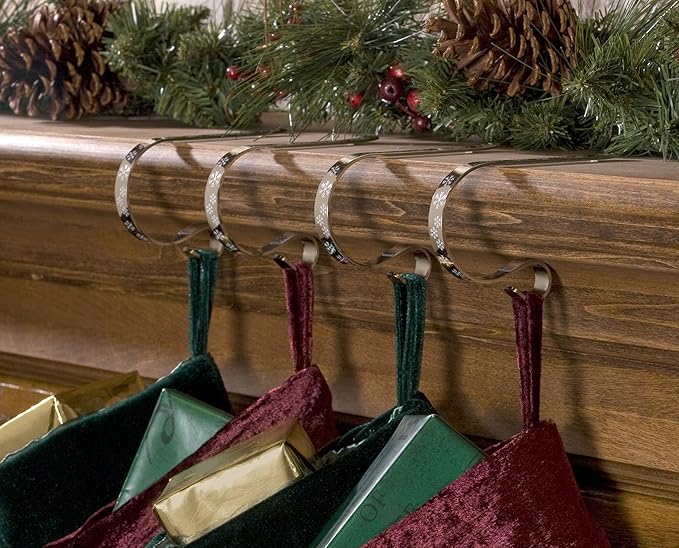 Haute Decor The Original MantleClip Stocking Holder- 4 Pack (Silver with White Snowflakes) - Hang Christmas Stockings Safely and Securely from Mantels Up to 3 Inches Thick