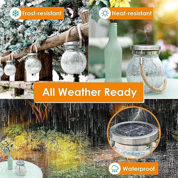 Cooo Christmas Gifts 6 Pack Heavy Crackle Glass Solar Lantern with 30 LED Firefly Lights– Waterproof Outdoor Hanging Lamp 215% Larger Solar Panel, Stainless Steel Lid Decorative Lighting for Garden