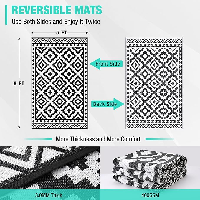 HAUSHOF 5'X8' Outdoor Rug Waterproof, Thickened Outdoor Plastic Straw Rug, Reversible Patio Rug with 4 Rug Stakes, Outdoor Carpet Mat for RV Trip, Camping, Beach, Deck, Porch, Balcony, Black&White