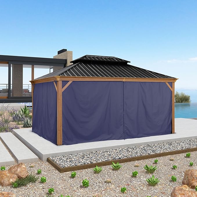 PURPLE LEAF 12' X 16' Outdoor Hardtop Gazebo for Patio Galvanized Steel Double Roof Permanent Canopy Teak Finish Coated Aluminum Frame Pavilion Gazebo with Netting and Navy Blue Curtains