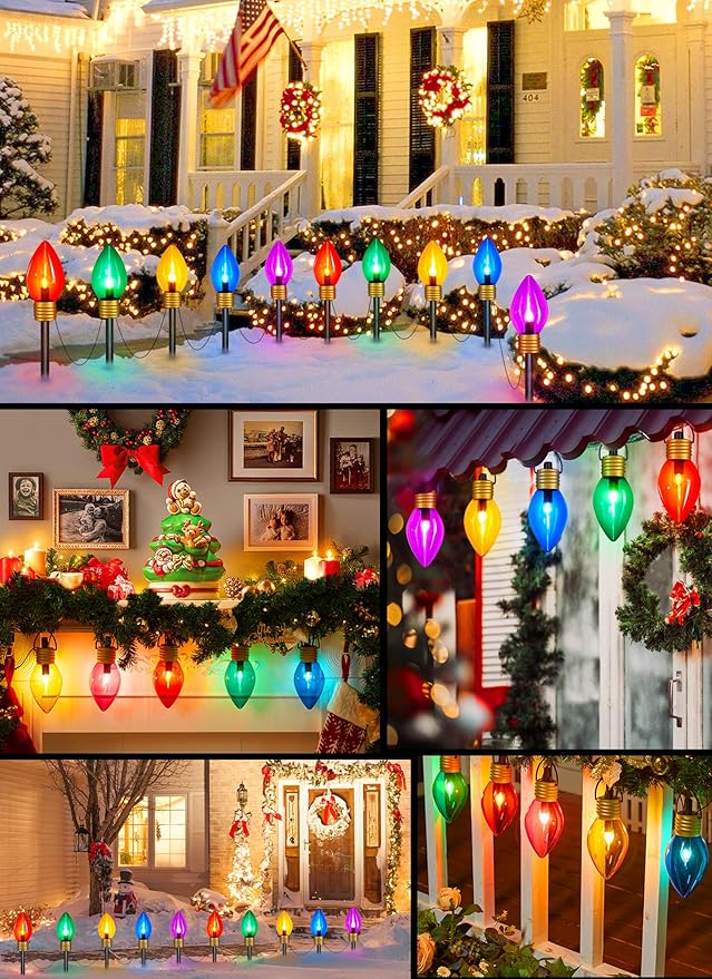 Christmas Lights Jumbo C9 Outdoor Lawn Decorations with Pathway Marker Stakes, 4 Pack 10.5 Feet String Lights Covered Jumbo Multicolored Light Bulb for Holiday Outside Yard Garden Decor, 20 Lights