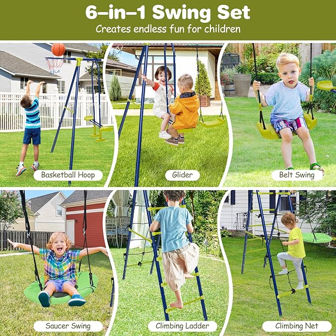 Costzon Swing Sets for Backyard, 6 in 1 Heavy-Duty Metal Swing Set with 2 Swings, Glider, Basketball Hoop, Climbing Ladder and Net, Playground Sets for Backyards, Outdoor Playset for Kids 3+ (Green)