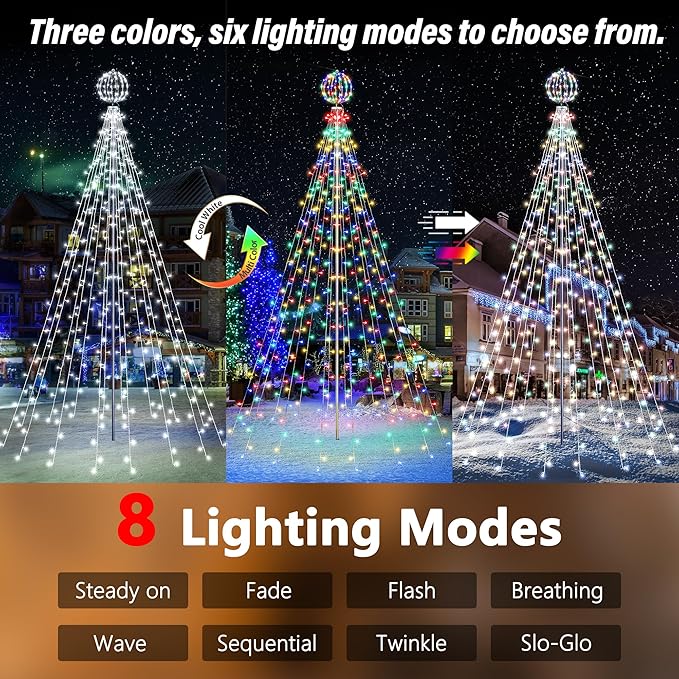Flacchi 10 FT 432 LED Ball String Lights Outdoor - Pole Set with Remote, Multiple Lighting Modes, Timer, and Waterproof Feature for Ultimate Holiday Decor (Cool White & Multicolor)