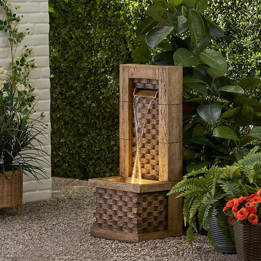 Merax 35.25" High Wall Tower Fountain,Weather-Resistant Outdoor Fountain with LED Lights, Light Brown Faux Stone, Garden Fountain for Patio, Yard, or Entryway