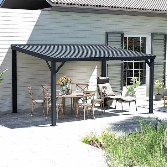 Domi 10' x 14' Lean to Gazebo, Wall Mounted Gazebos Pergola with Built in Drainage System, Galvanized Steel Roof, Hardtop Patio Shelter for Deck, Porch, Backyard and More