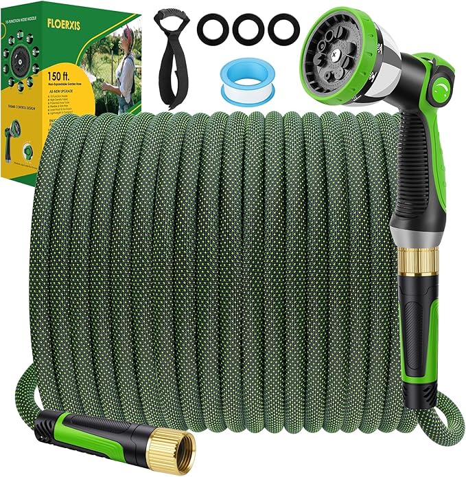 Non-Expandable Garden Hose 150 FT, Lightweight Hose with 10 Function Spray Nozzle, Kink-Free Flexible Water Hose, Durable, Leak-Proof, 360¡Æ Swivel Connectors, Portable Storage Strap