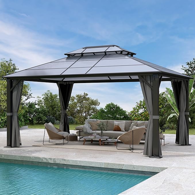 Hardtop Gazebo 12' x 16', Patio Gazebos with Polycarbonate Roof & Steel Frame, Outdoor Pavilion with Gray Curtain&Netting for Backyard/Lawn/Garden/Deck