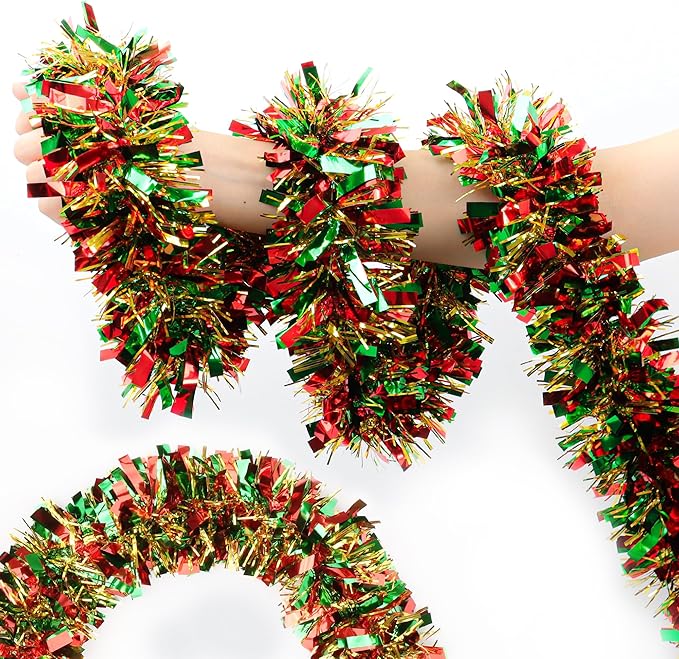 50FT Red Green Gold Christmas Tinsel Metallic Twist Shiny Garland for Christmas Tree Decorations, Xmas Holiday Hanging for Home Mantle Stair Indoor Outdoor Party Supplies Decor