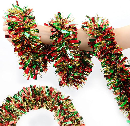50FT Red Green Gold Christmas Tinsel Metallic Twist Shiny Garland for Christmas Tree Decorations, Xmas Holiday Hanging for Home Mantle Stair Indoor Outdoor Party Supplies Decor