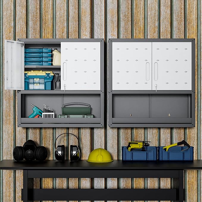 Garage Wall Cabinet,29.5 W Wall Mounted Garage Cabinets with Adjustable Shelf,Heavy Duty Lockable Metal Cabinet,Secure Hanging Tool Cabinet for Basement,Laundry Room,Workshop,Black/Grey