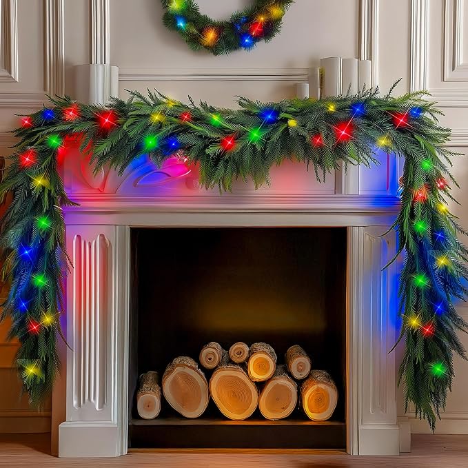 TW SHINE 9 FT Pre-Lit Christmas Garland Decorations, 50 LED Lighted Artificial Norfolk Pine Garlands with 8 Modes, Green Garland for Indoor Outdoor Table Mantle Stairs Fireplace Decor, Multi-Colored