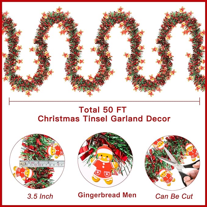 50FT Red Green Christmas Tinsel Garland with Gingerbread Man Ornaments, Metallic Xmas Christmas Tree Garland Decorations Indoor Outdoor for Home Fireplace Mantle Stair Office Class Party Holiday Decor