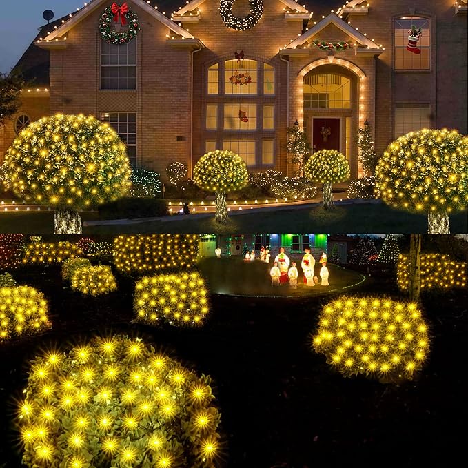 WBao Solar Christmas Lights Outdoor 200LED 8.4ft x 5.2ft LED Net Lights with Remote, 8 Lighting Modes, Timer, Waterproof for Lawn, Bushes, Shrubs, Trees Outdoor Christmas Decorations, Warm White