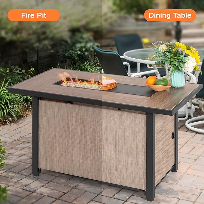 Nuu Garden 43 Inch Propane Fire Pit Table CSA Listed 50000 BTU Gas Fire Pit with Lid Glass Wind Guard and Fire Glass Beads 2 in 1 Rectangular Outdoor Fire Table for Patio Backyard Light Brown