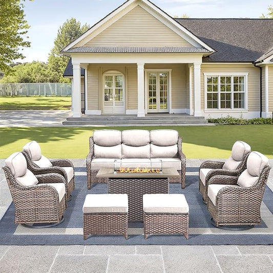 Luxury High Back Outdoor Furniture 6-Inch Thick Cushions with 50,000 BTU Gas Propane Fire Pit Tablet, Patio Furniture Set with Swivel Chairs, 8 PCS for Porch, Balcony, Deck and Yard