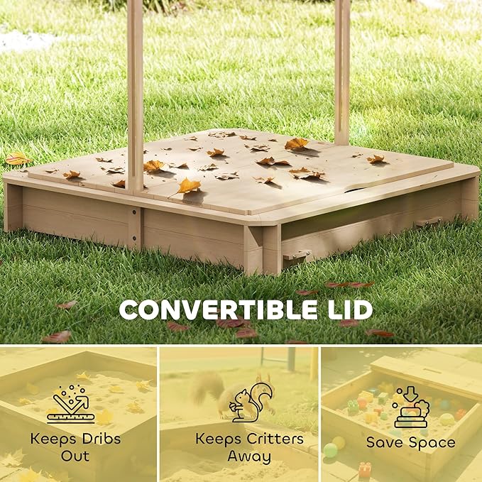 Outsunny Wooden Sandbox with Lid, Kids Sandbox with Canopy Outdoor, Sand Box with Foldable Bench Seats and Sand Protection, Bottom Liner Included, Kids Gift for Aged 3-7, 47X47 in, Natural