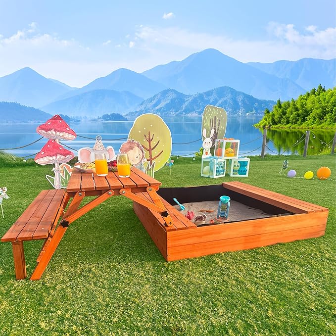 Wooden Kids Sandbox with Lid Sand Box with Cover Outdoor Sand Pit with Picnic Table Ages 4-8 Bottom Liner