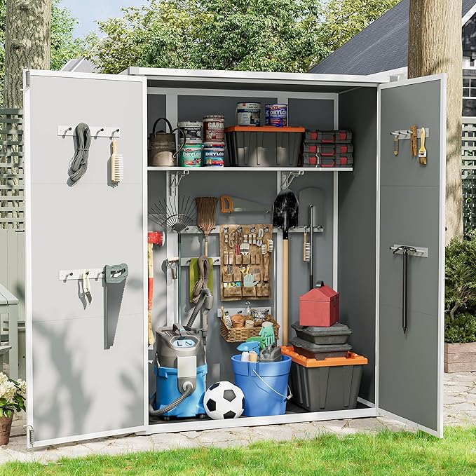 UDPATIO 38 Cu.ft Resin Outdoor Storage Shed with Floor, Vertical Plastic Tool Shed with Shelving Brackets for Backyard Pool Lawn Garden, Grey
